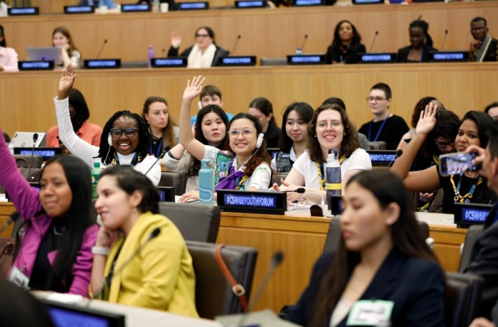 Young leaders with diverse backgrounds added depth to the dialogue on poverty eradication at the 68th session of the Commission on the Status of Women, galvanizing efforts to push forward for gender equality. Youth Forum opening, UN headquarters, 15 March 2024. Photo: UN Women/Ryan Brown.