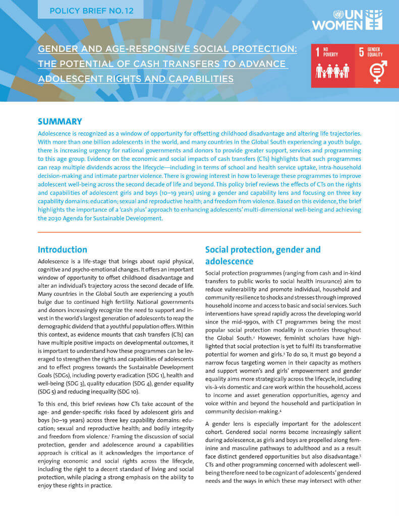 Gender and age-responsive social protection: The potential of cash transfers to advance adolescent rights and capabilities