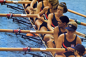 Anita DeFrantz (second from the bottom) with the U.S. Rowing Team at the 1976 Olympic Games in Montreal, where she won the bronze medal in women’s eight.