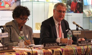 Geeta Rao Gupta, Deputy Executive Director of UNICEF (left) and John Hendra, Assistant Secretary-General and Deputy Executive Director of UN Women (right), spoke at the launch event of a publication on violence against indigenous girls during the UN Permanent Forum on Indigenous Issues in New York on 28 May, 2013. Photo credit: UN Women/Nuria Felipe Soria