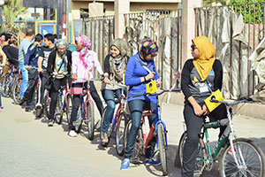 Girls rode bicycles, an uncommon sight, as part of a campaign to raise awareness against sexual harassment in Al Sharqia governorate, Egypt. Photo: Zagzig University Team