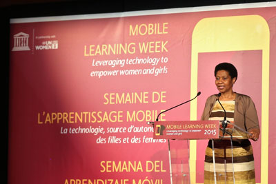UN Women Executive Director Phumzile Mlambo-Ngcuka addresses the opening ceremony of the Mobile Learning Week symposium, held at UNESCO headquarters on 24 February 2015.  UN Women and UNESCO co-host Mobile Learning Week 2015 from 23-27 February in Paris, France, which focuses on leveraging technology to promote girls' and women's empowerment.  Photo: UN Women/Emad Karim