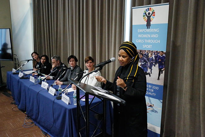 UN Women Executive Director Phumzile Mlambo-Ngcuka speaks at the “Women and Sports: 2030 Agenda—the contribution of sport to achieve gender equality and end violence against women and girls” event. Photo: UN Women/Ryan Brown