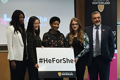 Ms. Mlambo-Ngcuka poses with women STEM scholarship recipients at the University of Waterloo. Photo: UN Women/Erin Gell