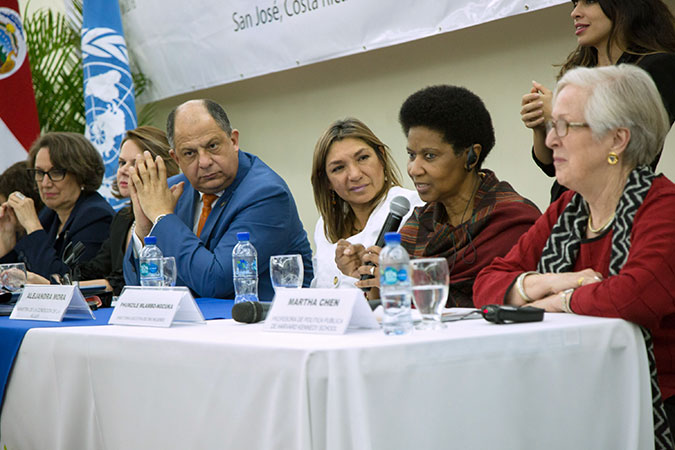 Special guest speakers at the meeting of the High-Level Panel on Women's Economic Empowerment. From left to right; Rebeca Grynspan, Ibero-American Ssecretary General; Ana Helena Chacón, Vice-President of Costa Rica; Luis Guillermo Solís, President of Costa Rica; Alejandara Mora, Minister of Women Condition; UN Women Executive Director Phumzile Mlambo-Ngcuka; Martha Chen, Lecturer in Public Policy at the Harvard Kennedy School Photo: Office of the President of Costa Rica/Fabián Hernández
