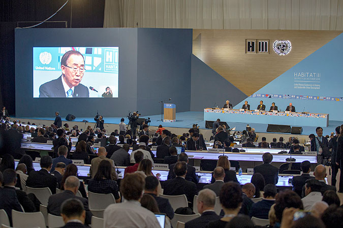 Secretary-General Ban Ki-moon speaks during Habitat III's inauguration plenary session on 17 October. Photo: UN Women/Martin Jaramillo Serrano.