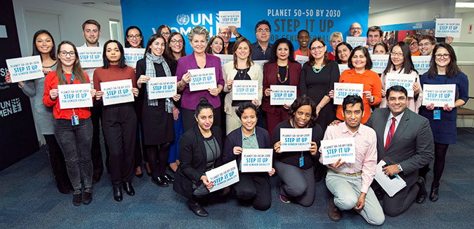 Judit Polgar, Planet5050 Champion in support of UN Women; Katalin Bogyay, Permanent Representative of Hungary to the United Nations,  Lakshmi Puri, Deputy Executive Director in a group photo with UN Women staff and guests on 23 November 2016 in New York. 