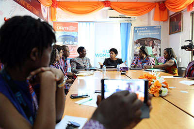 At a meeting with staff at the UN Women Liberia Office, the Executive Director commended the team for their work during the Ebola virus outbreak to respond to the needs women and girls across the country. Photo: UN Women/Stephanie Raison 