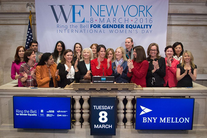 Women in ETFs, UN Global Compact, UN Women, IFC, Sustainable Stock Exchange Initiative, and World Federation of Exchanges, “Ring the Bell for Gender Equality” at the New York Stock Exchange on International Women’s Day. Photo: NYSE/Valerie Caviness