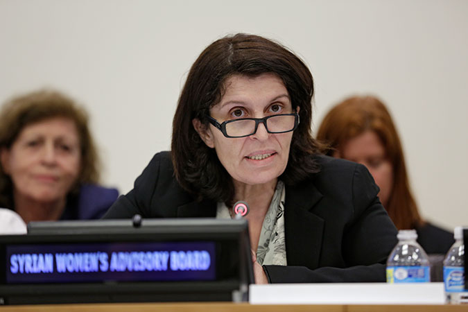 Insaf Hamad, a member of the Syrian Women's Advisory Board, at the UN Women organized panel discussion. Photo: UN Women/Ryan Brown