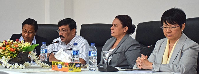 From left to right, Guilhermina Ribeiro Saldanha (Director General of Ministry of Interior); Longuinhos Monteiro (Minister of Interior), Veneranda Lemos (Secretary of State for Support and Socio-economic Promotion of Women), Janet Wong (UN Women/Country Representative) during validation of the NAP 1325 in November 2015. Photo: UN Women/Christina Yiannakis 