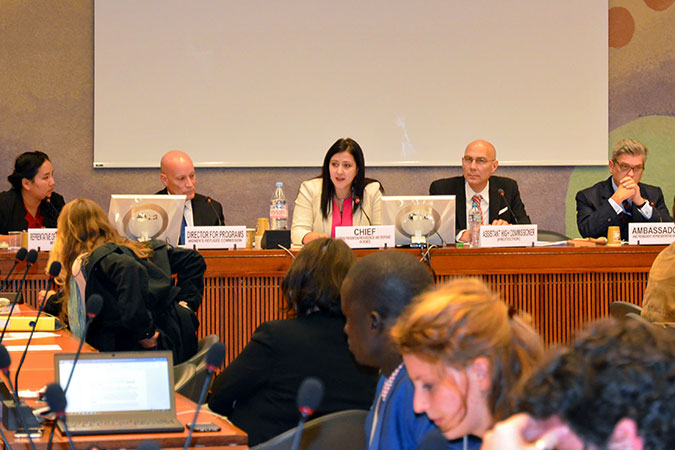 Cheery Zahau, Representative of Persons of Concern, Myanmar; Dale Buscher, Senior Director for Programs at the Women’s Refugee Commission, Dale Buscher; Hiba Qasas, Chief of Crisis Preparedness, Prevention and Response at UN Women Geneva; Volker Türk, Assistant High Commissioner for Protection at UNHCR and Ambassador Maurizio Enrico Serra, Italy's Permanent Representative to the United Nations in Geneva at the side event on “The centrality of gender equality and the empowerment of women and girls for the formulation of the global compact on refugees” Photo: UN Women/Fatima Sator.