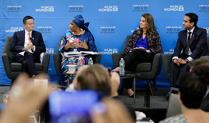 Jack Ma, Executive Chair of the Alibaba Group; Phumzile Mlambo-Ngcuka, United Nations Under-Secretary-General and Executive Director of UN Women; Melinda French Gates, Co-Chair and Trustee of the Gates Foundation; and Nirvana Chaudhary, Chair of the Chaudhary Foundation at the Global Business and Philanthropy Leaders’ Forum for Women and Girls and Gender Equality in New York. Photo: UN Women/Ryan Brown