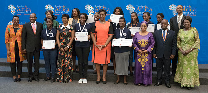 Some of the finalists of  Miss Geek Africa with African first ladies and Phumzile Mlambo-Ngcuka, Executive Director of UN Women, at the Smart Africa Women’s Summit.   Photo: UN Women/ Franz Benjamin Stapelberg