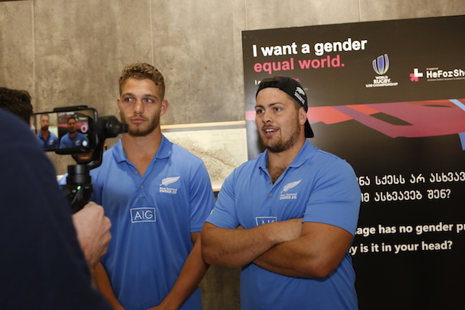New Zealand's rugby players talking about gender equality and empowering of girls through sports. Photo: UN Women/Maka Gogaladze