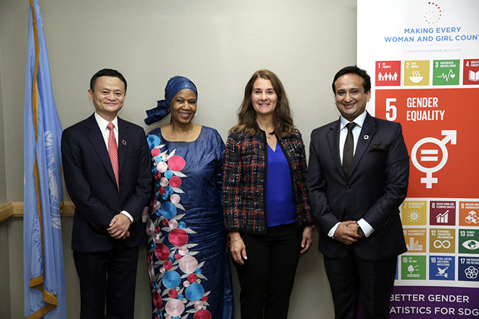 Jack Ma, Executive Chair of the Alibaba Group; UN Women Executive Director Phumzile Mlambo-Ngcuka; Melinda Gates, Co-Chair and Trustee of the Bill & Melinda Gates Foundation;  and Nirvana Chaudhary, President of the Chaudhary Group and Chair of the Foundation, at the Global Business and Philanthropy Leaders’ Forum 2017 for Gender Equality and Women’s Empowerment. Photo: UN Women/Ryan Brown