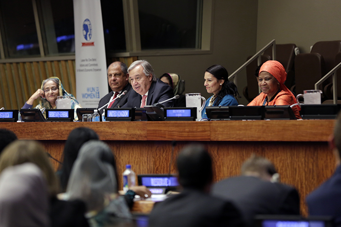 Prime Minister of Bangladesh, Sheikh Hasina; President of Costa Rica, Luis Guillermo Solís Rivera; UN Secretary-General António Guterres; United Kingdom Secretary of State, International Development, Priti Patel; and UN Women Executive Director Phumzile Mlambo-Ngcuka take part in the 'Leave No One Behind: Actions and Commitments for Women's Economic Empowerment' event on 19 September in New York. Photo: UN Women/Ryan Brown