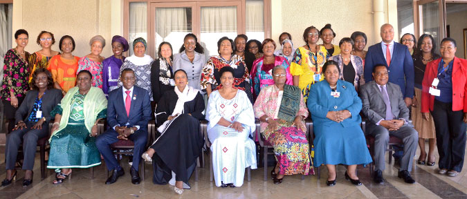 UN Women Executive Director, Phumzile Mlambo-Ngcuka poses for a group photo after a Breakfast meeting with Ministers of Foreign Affairs and selected Ministries of Gender. Photo: UN Women/Martha Wanjala