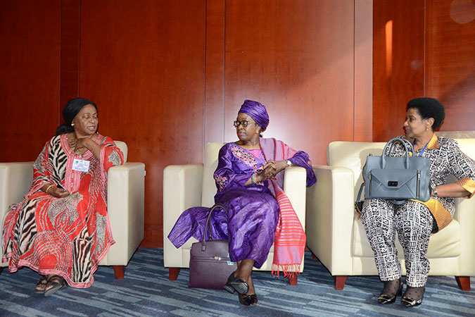 UN Women Executive Director Phumzile Mlambo-Ngcuka with the Africa Union Commission Special Envoy on Women, Peace and Security Bineta Diop and the Founding Chair and Co-President of Sirleaf Market Women’s Fund Thelma Awori. Photo: UN Women/Martha Wanjala