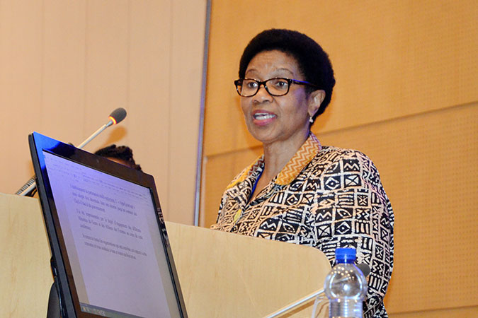 UN Women Executive Director Phumzile Mlambo-Ngcuka giving her closing statement and Commitment Statement to African Union Gender Ministers at the closing ceremony of the African Union Commission Ministerial Gender Pre-Summit. Photo: UN Women/Martha Wanjala