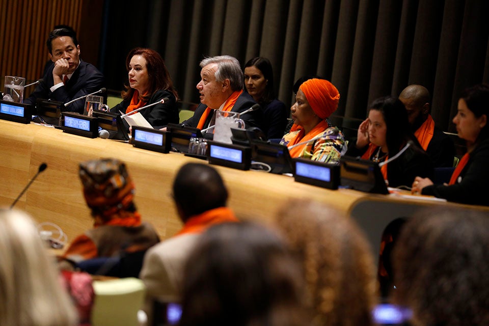 (L-R) Moderator, news anchor Richard Lui; Maria Fernanda Espinosa Garces, President of the General Assembly; Antonio Guterres, UN Secretary-General; and Phumzile Mlambo-Ngcuka, UN Women Executive Director participate in a panel discussion. Photo: UN Women/Ryan Brown