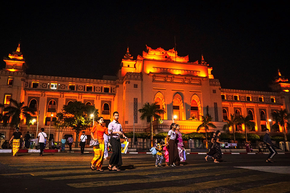 Yangon City Hall in Myanmar lit in orange. Photo: UN Women/Salai Hsan Myat Htoo