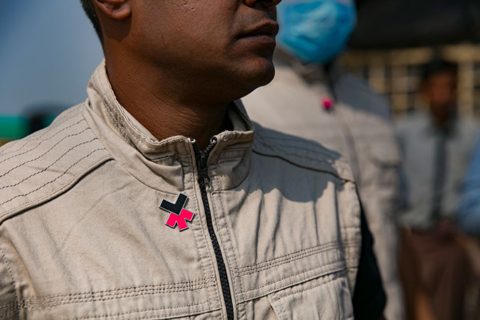 "HeForShe" pins are seen In Balukhali Rohingya Refugee camp. Photo: UN Women/Allison Joyce