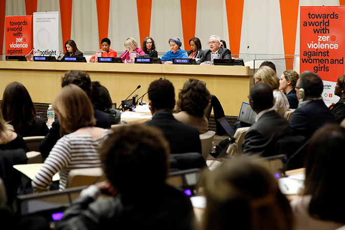 Panellists participate in the CSW62 side-event on the EU-UN Spotlight Initiative to end violence against women and girls. Photo: UN Women/Ryan Brown