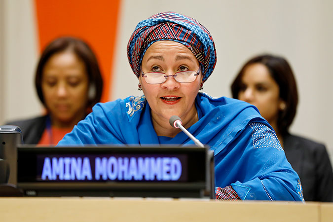 Deputy Secretary-General Amina Mohammed speaks at the CSW62 side-event on the EU-UN Spotlight Initiative to end violence against women and girls. Photo: UN Women/Ryan Brown