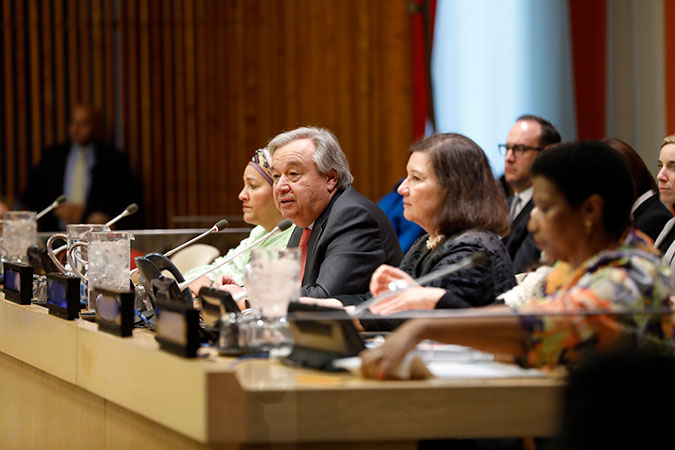 UN Secretary-General António Guterres (centre) holds townhall meeting with civil society at the 62nd session of the Commission on the Status of Women. Photo: UN Women/Ryan Brown