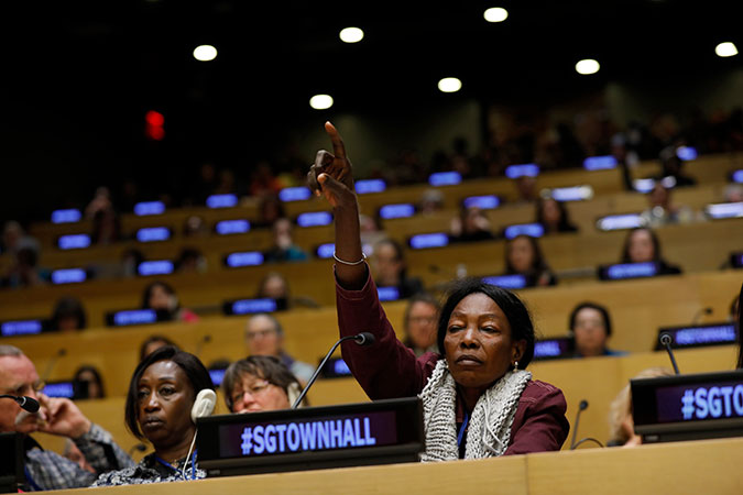 Civil society representatives participate at a townhall event with the UN Secretary-General during CSW62. Photo: UN Women/Ryan Brown