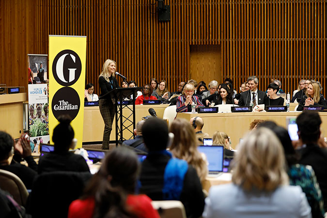 Side event at CSW62 convenes media representatives and actor Sienna Miller (centre) to discuss women in the media. Photo: UN Women/Ryan Brown