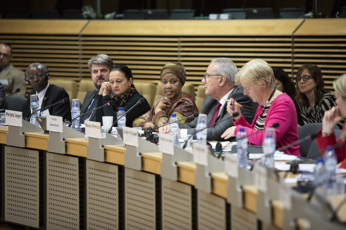 UN Women Executive Director Phumzile Mlambo-Ngcuka (centre) speaks at the event ‘All on Board – Closing the Digital Gap for Women and Girls in Developing Countries’ in Brussels, Belgium on 11 April. Photo: © European Union/Lukasz Kobus