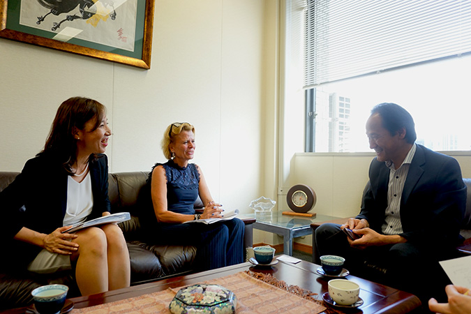 Deputy Executive Director Asa Régner with Director-General for Global Issues Cooperation Division of Ministry of Foreign Affairs Hideo Suzuki and Director of UN Women Japan Liaison Office Kae Ishikawa in Tokyo, Japan on 13 June 2018. Photo: UN Women