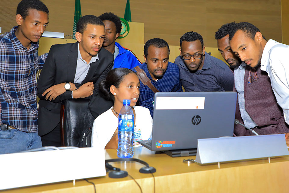 A participant in the African Girls Can Code Initiative demonstrates their work. Photo: UN Women