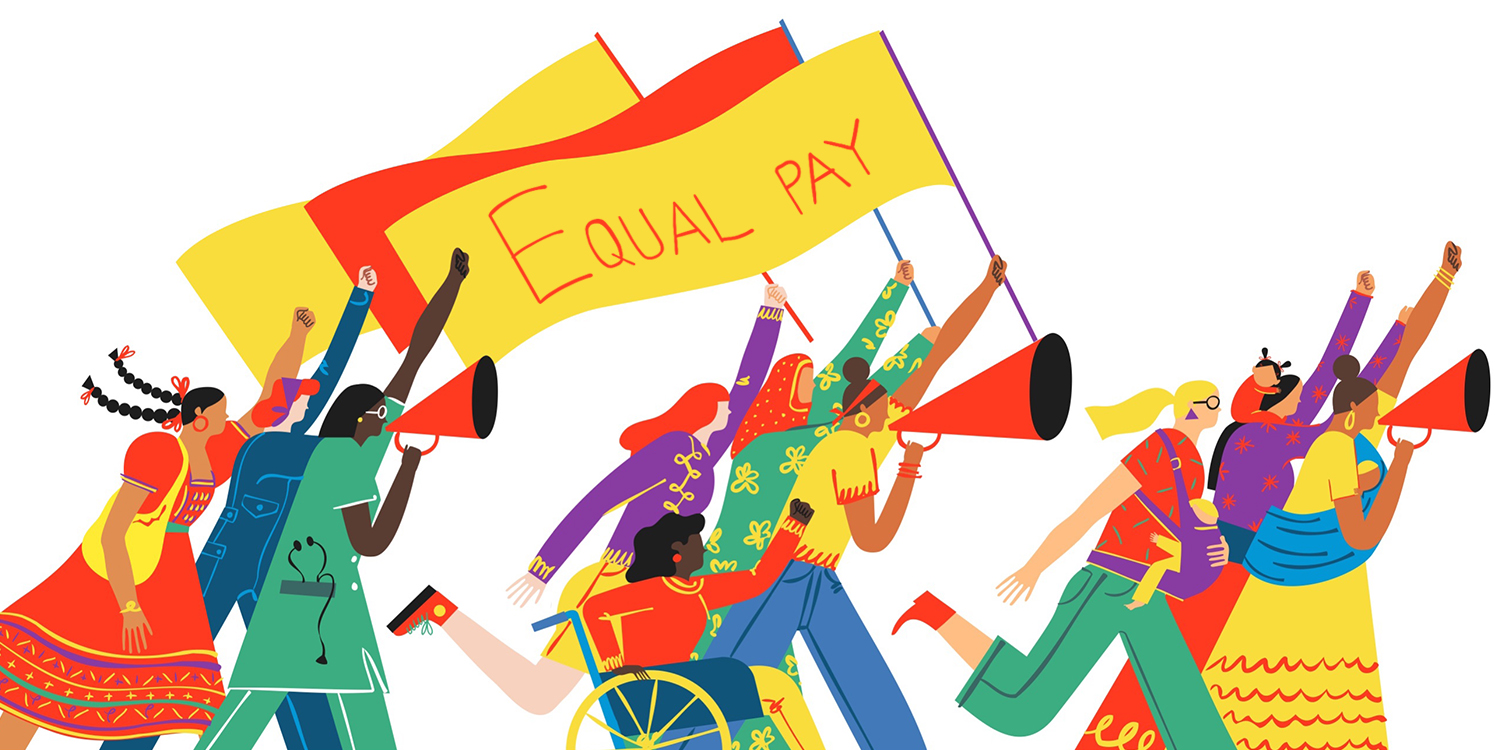  ilustración de mujeres ondeando una pancarta de igualdad salarial