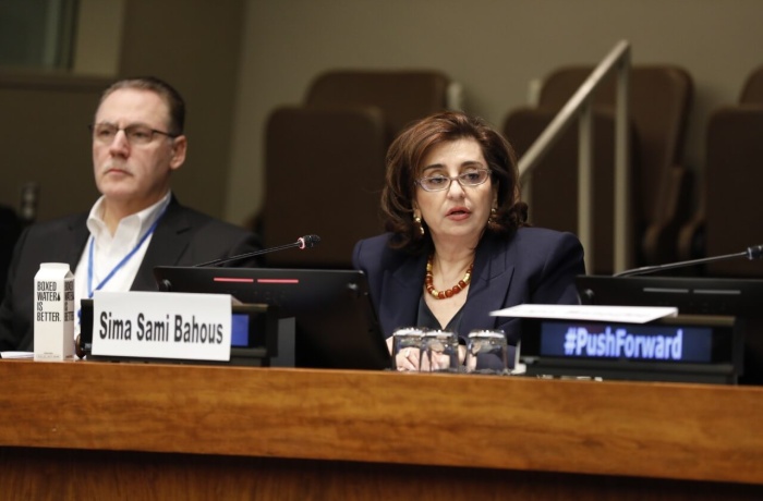 UN Women Executive Director Sima Bahous delivers opening remarks at the CSW68 side event, “Multistakeholder partnership and practices to push forward for gender equality, human rights and democracy”, UN headquarters, 20 March 2024. Photo: UN Women/Ryan Brown.