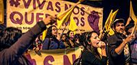 Civil society groups that support gender equality participate in the “Vivas Nos Queremos” (“We want/love ourselves alive”) march outside of the National Assembly building during the Assembly’s enactment of the Law against the violence of women, 26 Novembe