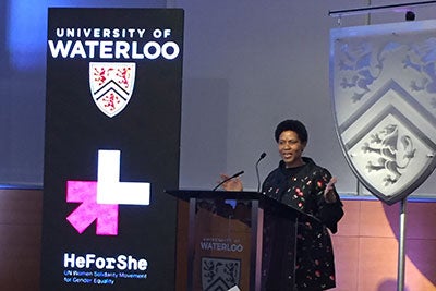 UN Women Executive Director Phumzile Mlambo-Ngcuka addresses students and faculty at the University of Waterloo. Photo: UN Women/Erin Gell