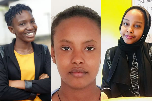 Participantes à l’initiative « Les jeunes Africaines savent coder » : Mariam Saïd Muhammed, Tanzanie ; Yordanos Genanaw, Éthiopie ; Thereza Joseph John, Tanzanie. Photos gracieuseté des participantes.