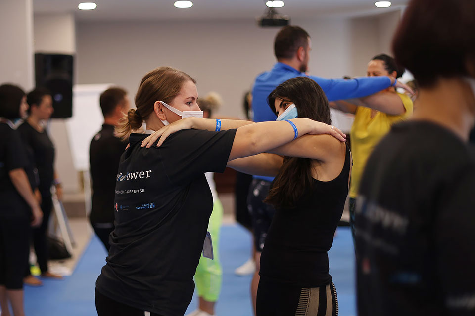 High school teachers from Durres, Tirana, Kavaja and Lezha participate in Empowerment through self-defense (ESD) training.    Photo:  UN Women Albania