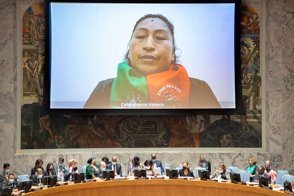 Celia Umenza Velasco, coordinatrice juridique de la réserve indigène de Tacueyó et membre de l'Association des cabildos indigènes du nord du Cauca (ACIN), s'adresse à la réunion du Conseil de sécurité sur les femmes, la paix et la sécurité. Photo : ONU Photo / Eskinder Debebe