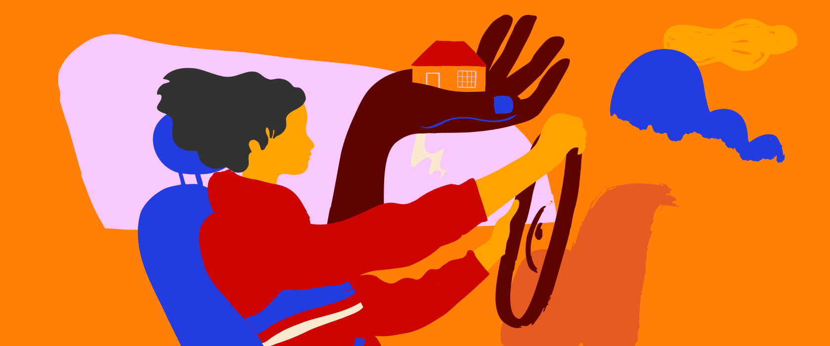 an illustration of a woman driving a car. 