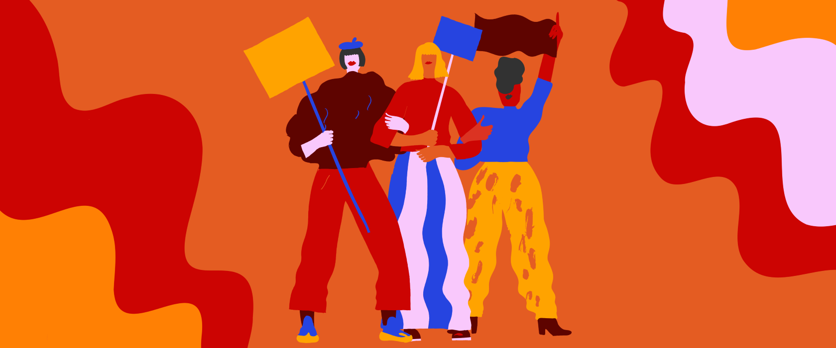 Illustration of women activists holding protest signs. 