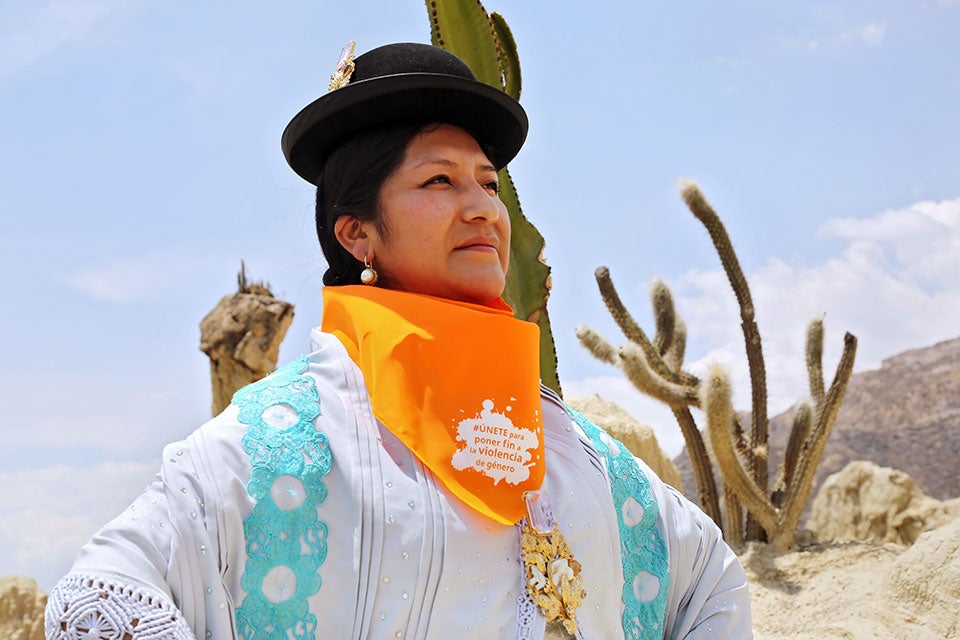 Portrait of Lia Gonzales, professional climber and head of the group, known as Cholitas Escaladoras Maya de Bolivia.  Photo: UN Women