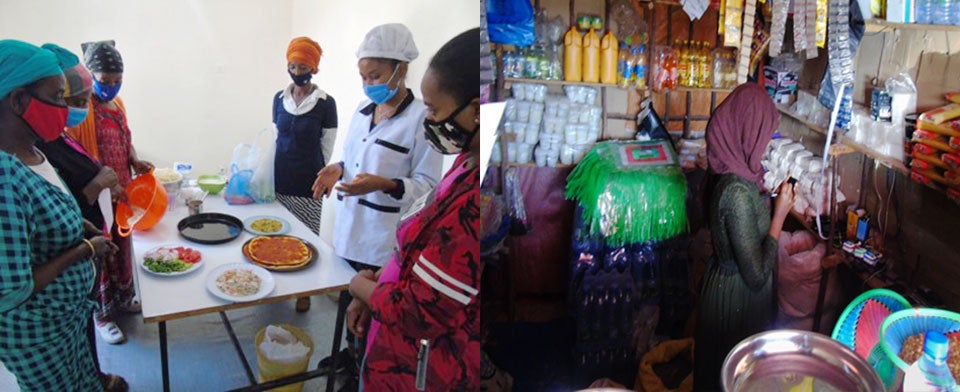 At left, residents gain skills in food preparation as a vocational training at the GSA shelter. At right, a survivor runs a small grocery shop started with in-kind support from GSA. Photos courtesy of GSA