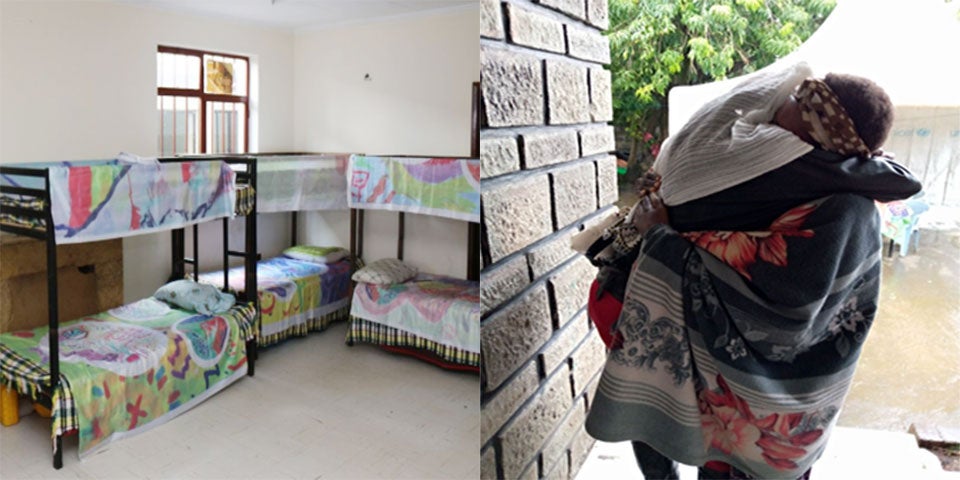At left, a view of a bedroom at a GSA shelter. At right, a shelter resident reunites with a family member. Photos Courtesy GSA