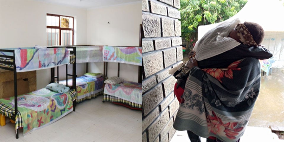 At left, a view of a bedroom at a GSA shelter. At right, a shelter resident reunites with a family member.  Photos Courtesy GSA