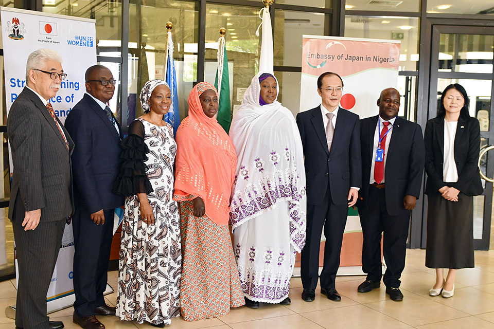 Representatives of  Governments of Japan and Nigeria, as well as UN Women Nigeria Country Office at the launch of the project “Strengthening Resilience of Women and Girls affected by Conflicts, violent extremism and climate change in the Lake Chad Region”. Photo: UN Women 
