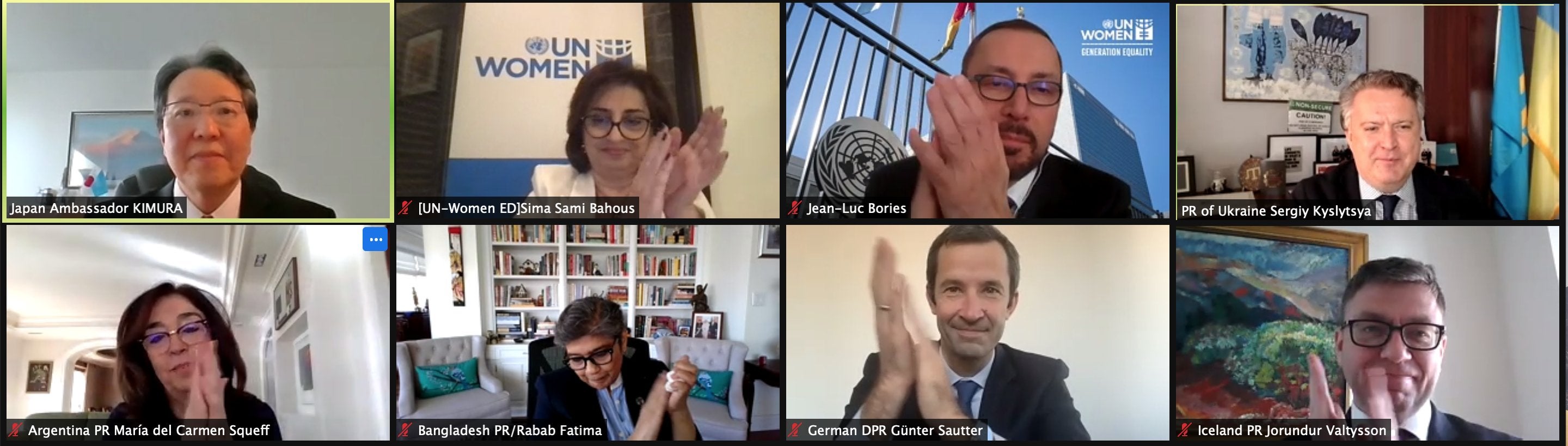 The incoming and outgoing UN Women Executive Board Bureau representatives celebrate the virtual election of the Bureau 2022 on 11 January.